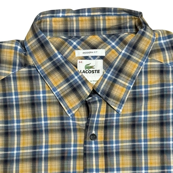 LACOSTE Men's Long Sleeve Button Down Plaid Modern Fit Shirt, Yellow/ Blue - XL - Picture 4 of 10